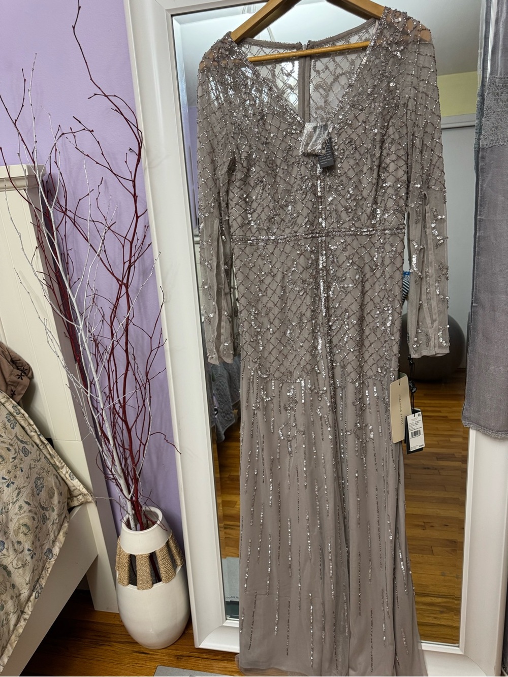 Adrianna Papell Taupe Sequin Long-Sleeve Evening Gown